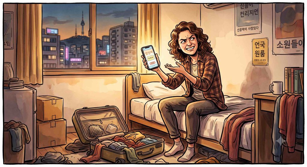 Foreigner looking confused at phone in Korean apartment, dealing with verification issues