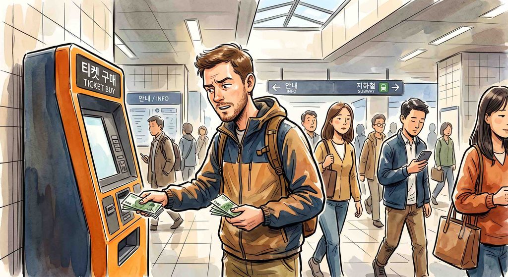 Foreigner using a prepaid payment kiosk at a Seoul subway station