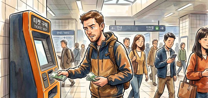 Foreigner using a prepaid payment kiosk at a Seoul subway station